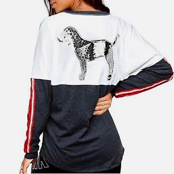 PINK VICTORIA'S SECRET LONG SLEEVE BLING DOG RHINESTONE SLEEVES CAMPUS TEE - Picture 1 of 7